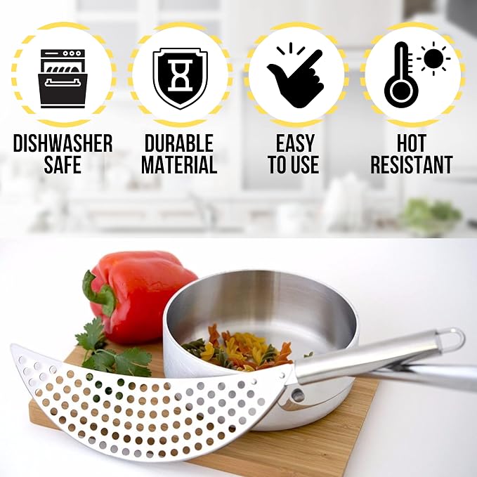 Held Crescent Drainer Pan Pot Strainer with Handle Stainless Steel Hand for Spaghetti Fry Noodles Fruit Vegetable Pasta Strainer Colander Heavy Duty Food Drainers