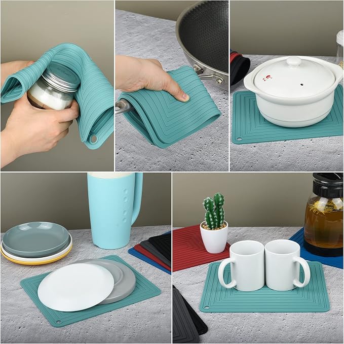 Silicone Trivets for Hot Dishes Pots and Pans, Multi Use Hot Pads for Kitchen Counter Mat, Versatile Heat Resistant Mat, Durable Table Trivet Mat, Flexible Silicone Pot Holders Teal Set 2