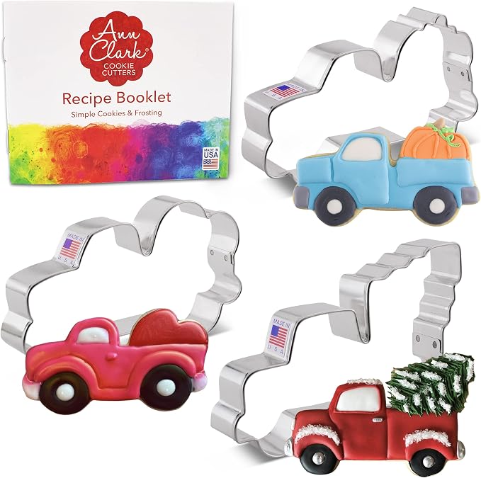 Ann Clark Vintage Truck Cookie Cutters 3-Pc. Set Made in the USA, Harvest Truck with Pumpkin, Vintage Truck with Christmas Tree & Heart