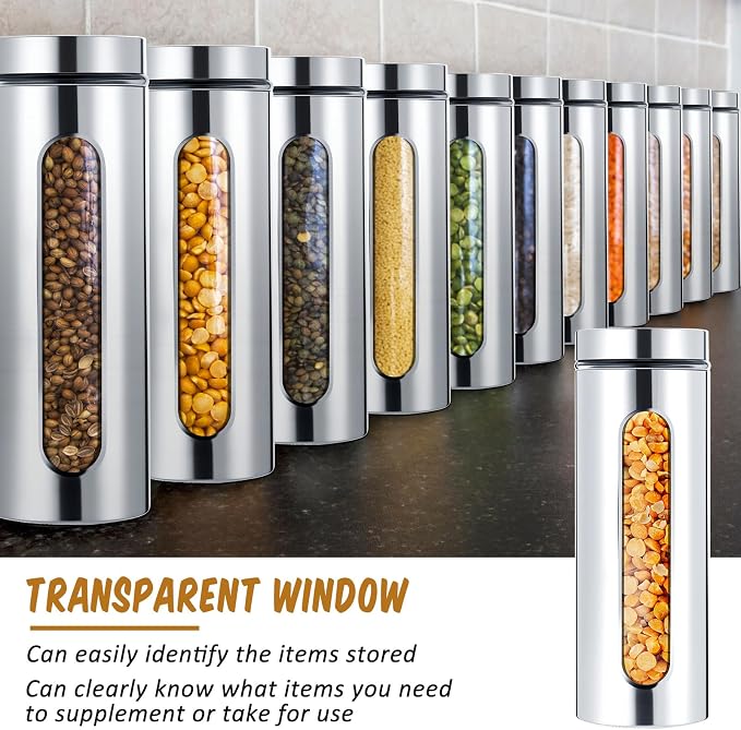 6 Pack Kitchen Canisters Set Airtight Coffee Sugar Tea Candy Storage Jars with Window Glass Stainless Steel Containers with Lids for Flour Cookies Spices Grains Kitchen Decorations (60 oz)