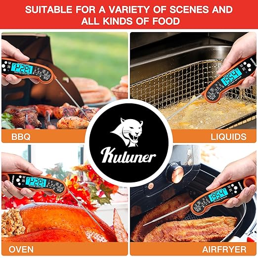 KULUNER Digital Meat Thermometer Instant Read, Orange Waterproof Food Thermometer with 4.6" Folding Probe, Backlight & Calibration, 2-3s Fast Reading for Kitchen BBQ Grilling Cooking - Orange