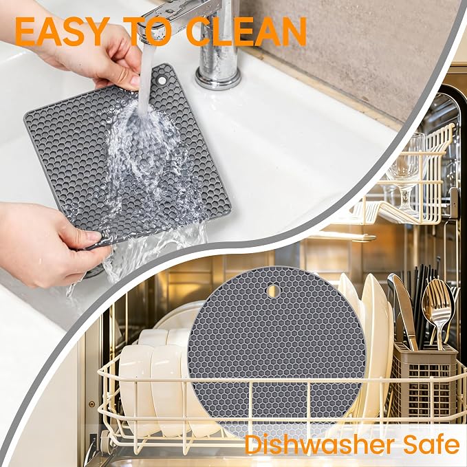 Trivets for Hot Dishes, Non-Slip Silicone Hot Pads for Kitchen Countertop Protector, BPA Free Heat Resistant Mat for Hot Pots and Pans 4-Pack Food Grade Silicone Grey