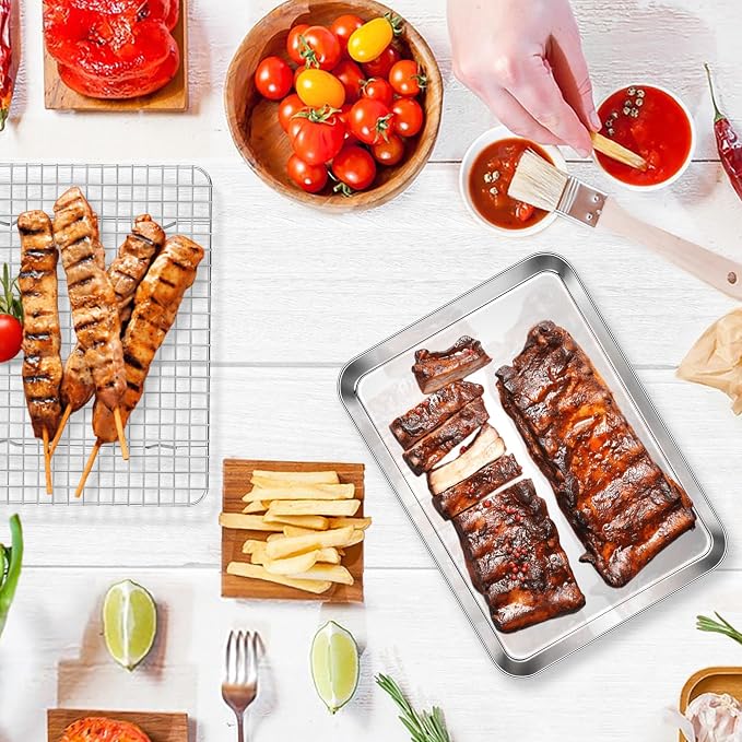 E-far Baking Sheet with Wire Rack Set, 12.5" x 9.7" (1 Pan +1 Cooling Rack) | Stainless Steel Sheet Pan with Cooling Rack for Oven, Metal Broiling Tray for Cooking Roasting, Non-Toxic, Dishwasher Safe