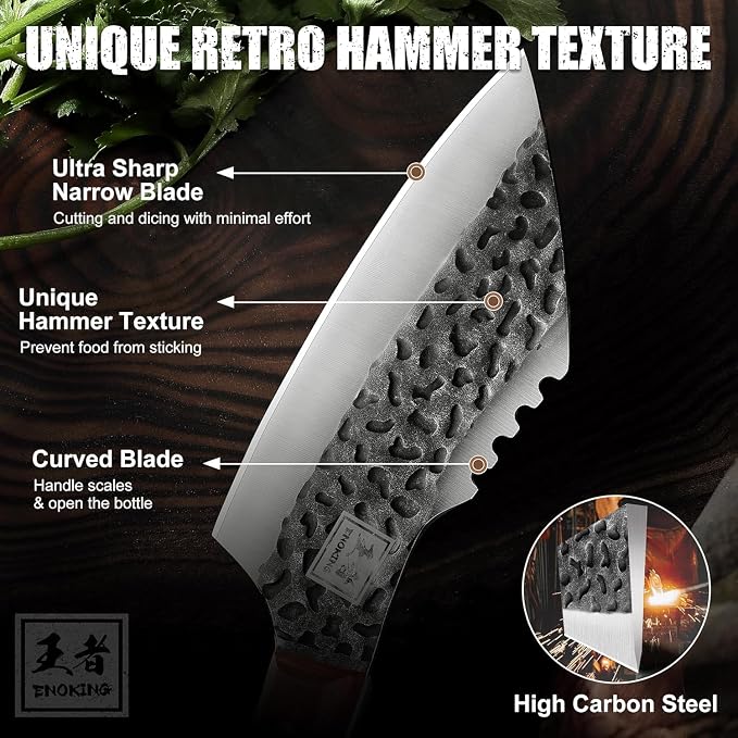 ENOKING 6.1 Inch Meat Cleaver Knife with Sheath, Hand Forged Butcher Knife for Meat Cutting, Full Tang Chef Knife for Kitchen, Outdoor Cooking, Camping, BBQ, with Gift Box