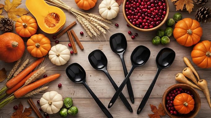 Reston Lloyd Cooking Spoon for Serving, Basting, Mixing, Heat Resistant, BPA Free Melamine 11 inch Utensil with Ergonomic Handle, Set of 6, Black