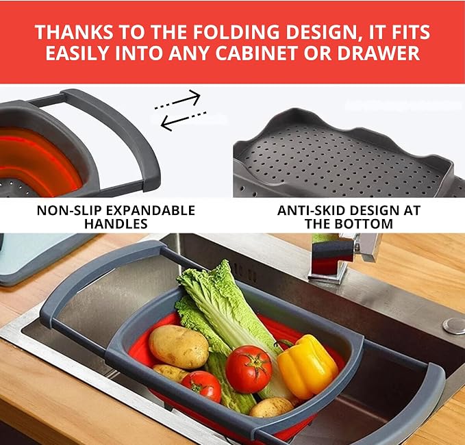 Set of 3 Red Food Strainer for Kitchen - Silicone Sieve Small Foldable Colander for Pasta and Spaghetti Multifunctional Silicone Collapsible Strainer for Camping