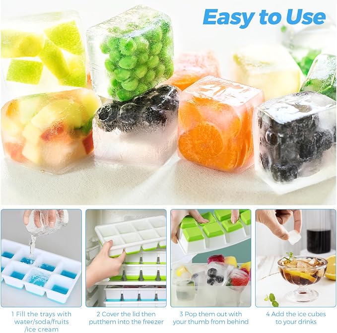 Large Ice Cube Tray, 2 Pieces Silicone Ice Cube Tray with Lid for Whiskey, Cocktails, Beer, Wine, Refrigerated Drinks, BPA Free, Stackable Reusable (Green + Blue)