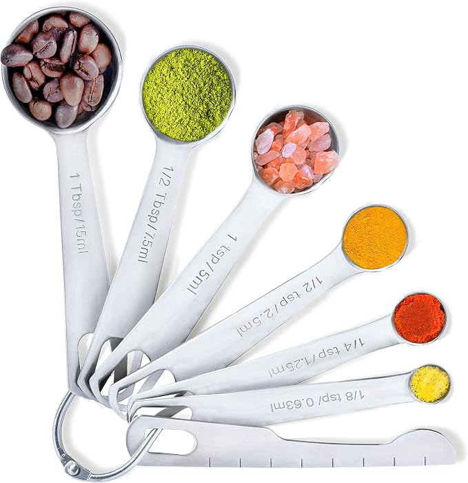 BALCI - 6 Measuring Spoons, Heavy Duty 18/8 Premium Stainless Steel Measuring Spoons Set, Spoons with US and Metric Measurements, Set of 6 + Leveler, Measuring tools for Dry and Liquid Ingredients