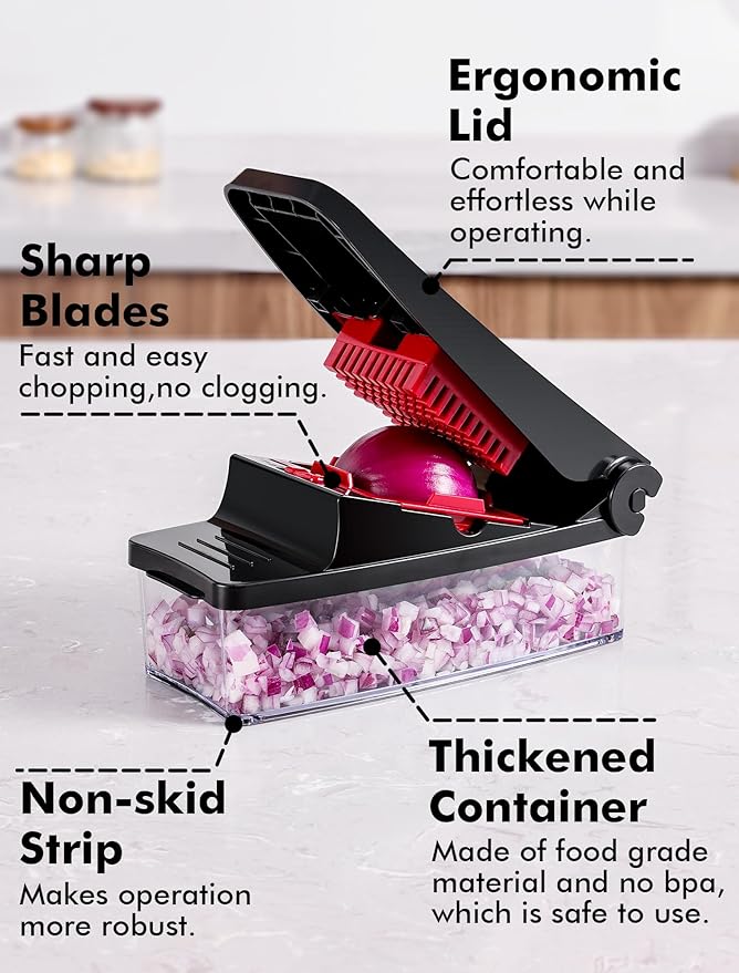 Geedel Vegetable Chopper, Onion Chopper Pro Food Chopper, Kitchen Vegetable Slicer Dicer Cutter, Veggie Chopper with container for Salad Onion Potato Carrot (2 in 1, Red)