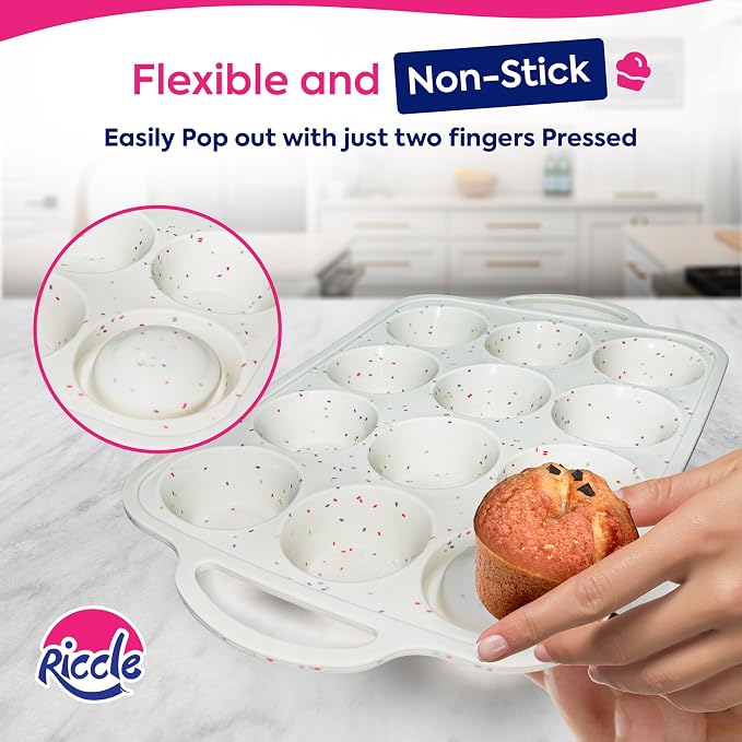RICCLE Silicone Muffin Pans for Baking with Metal Reinforced Frame, 12-Cup Cupcake Pan, 2 Pcs Muffin Trays for Cupcake Baking, Tray Molds, Oven & Dishwasher Safe, BPA-Free (2 x Standard)