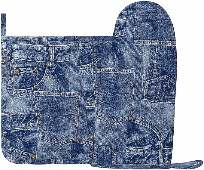 Mxocom Denim Patchwork Texture Silicone Oven Mitts and Pot Holders Sets BBQ Gloves for Kitchen,Cooking,Baking,Grilling