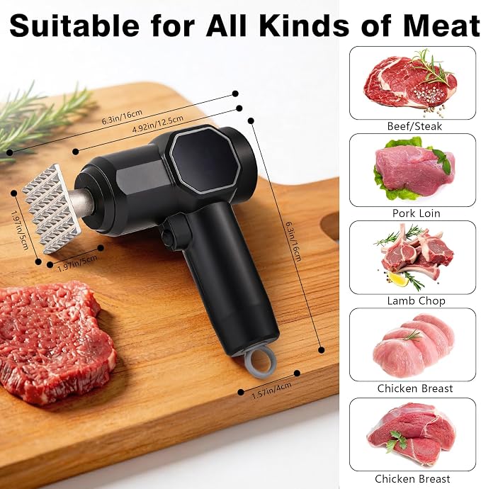 Electric Meat Tenderizer Tool, Meat Mallet with 5 Adjustable Levels, Stainless Steel Detachable Head, 3000mAh Battery for Beef Steak Pork Chicken Chops Kitchen Utensils, Head Dishwasher Safe