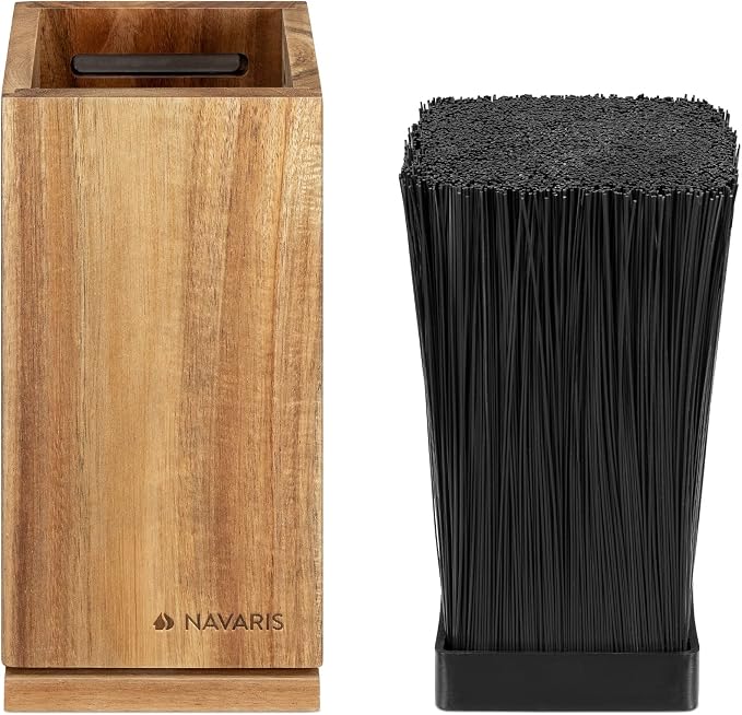 Navaris Rotating Wood Knife Block - Magnetic Universal Holder without Knives - Kitchen Storage with Plastic Bristles and Magnetic Sides - Acacia