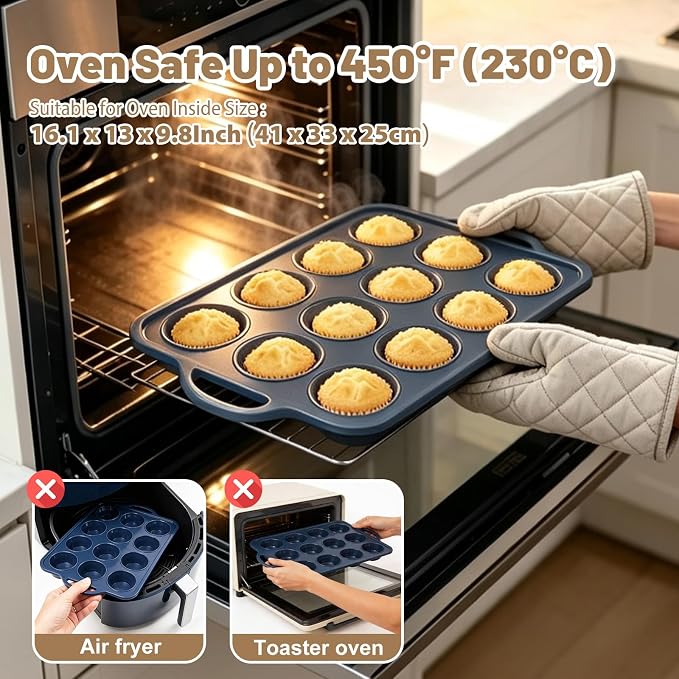 2 Pack Silicone Muffin Pan 12 and 24 Cup with Metal Frame,Non Stick Silicone Mini Cupcake Pan with Handles, BPA Free Silicon Regular Muffin Tin Tray Small for baking, egg bites, Mold Grey