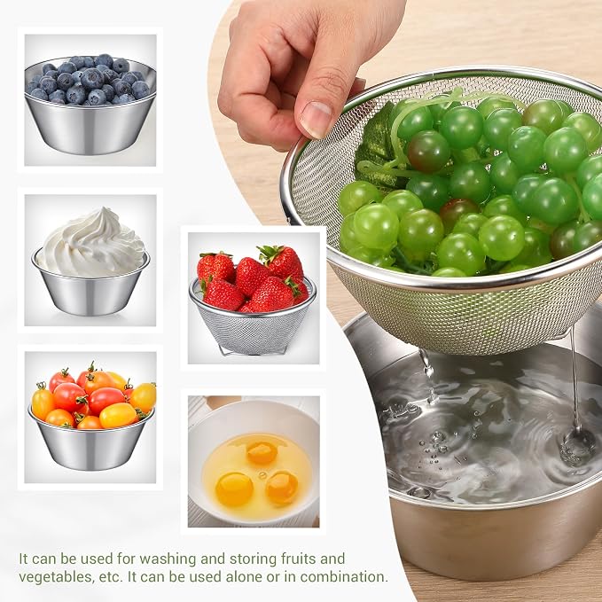 Baderke Mini Colander & Food Strainer 304 Stainless Steel Small Mixing Colanders Bowl Rice Strainer for Kitchen Cooking Fruit Washing Vegetable (6.3 x 2.76 Inches,Silvery,4 Pcs)