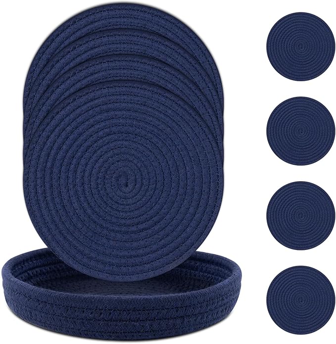 SHACOS 8 Inches Trivets for Hot Dishes, 4 Pieces Cotton Trivets Mats for Kitchen with Storage Basket, Hot Pads for Countertops and Table, Heat-Resistant Pot Holders for Hot Pots and Pans, Navy Blue