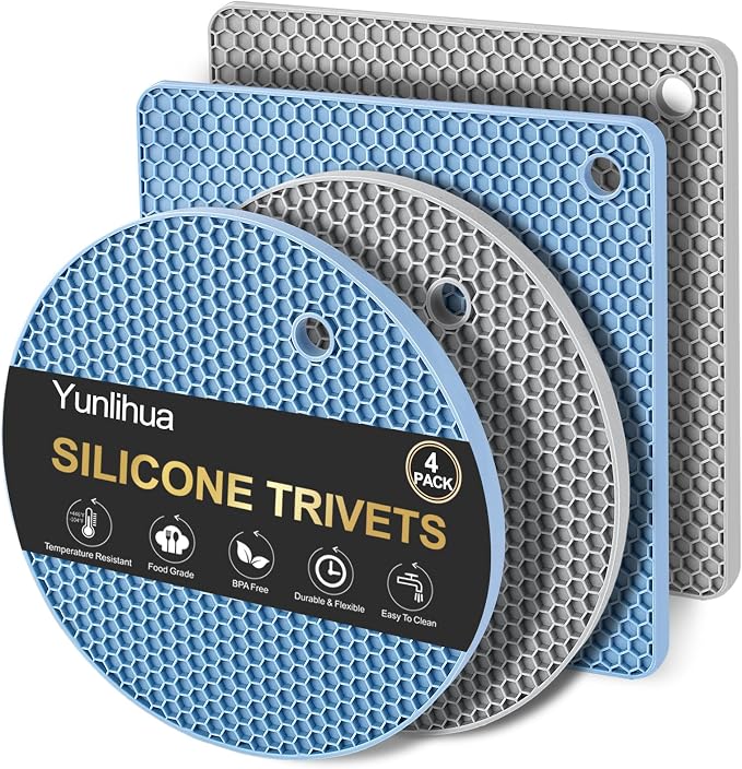 4 PCS Heat Resistant Silicone Trivet Mat for Hot Dishes, Hot Pots and Pans | Multipurpose Non-Slip Hot Pads Pot Holders for Kitchen Countertops Table, Food Grade Silicone & BPA Free, Blue/Grey