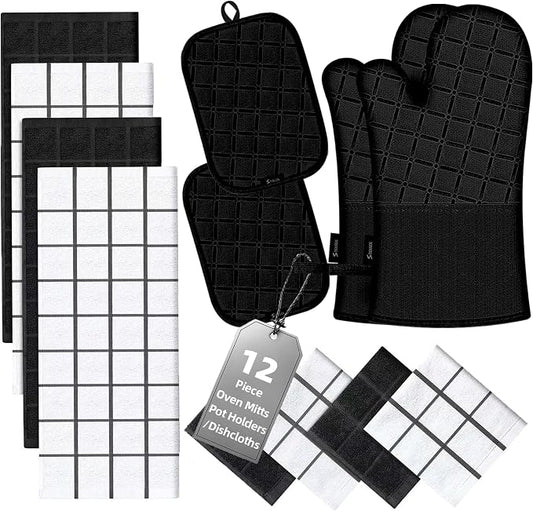 Oven Mitts Kitchen Towels and Dishcloths Pot Holders Sets, Oven Gloves Kitchen Dish Towels 500 Degree Heat Resistant Potholders with Non-Slip Silicone Surface for Cooking, Grilling, Baking-Black