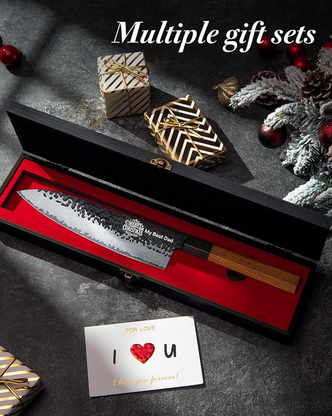 FAMCÜTE Personalized Gifts for Men Engraved Custom Japanese Knife, Hand Forged High Carbon Steel Chef Knife With Rosewood Handle, Birthday Day Gifts for Your Loved Ones (Sandalwood Gift Box)