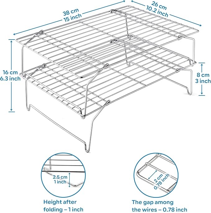 Leonyo 2-Tier 15x10IN Stackable Cooling Racks for Cooking Baking | Stainless Steel Wire Cooking Racks, Collapsible Cookies Cooling Racks for Pizza with Raised Legs, Dishwasher Safe
