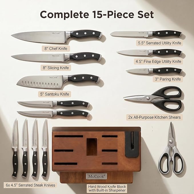 McCook® Knife Sets,German Stainless Steel Kitchen Knife Block Set with Built-in Sharpener, 15-Piece Razor-Sharp Kitchen Knives, Forged Triple Rivet,Full Tang,Ergonomic Handle,Elegant Box for Gift