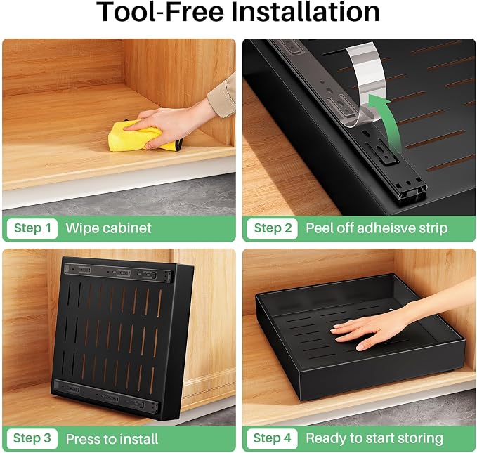 Pull out Cabinet Organizer, 21"Deep, 11.8"Wide Full-Extension Heavy Duty Slide out Drawers with Nano Adhesive, Roll Out Shelves Sliding Cabinet for Kitchen, Bathroom, Pantry,Under Sink Storage(Black)
