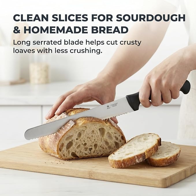 10 Inch Serrated Bread Knife for Homemade Bread, Sourdough & Artisan Loaves, 1.4116 German Stainless Steel, Protective Sheath, Black
