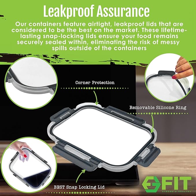 Glass Meal Prep Containers 1 & 2 & 3 Compartments, Airtight, 35 oz, 3 Pack | Bento Lunch Box, Stackable Portion Control Food Storage Containers for Adults, Divided, Microwave Oven Freezer Safe, Black