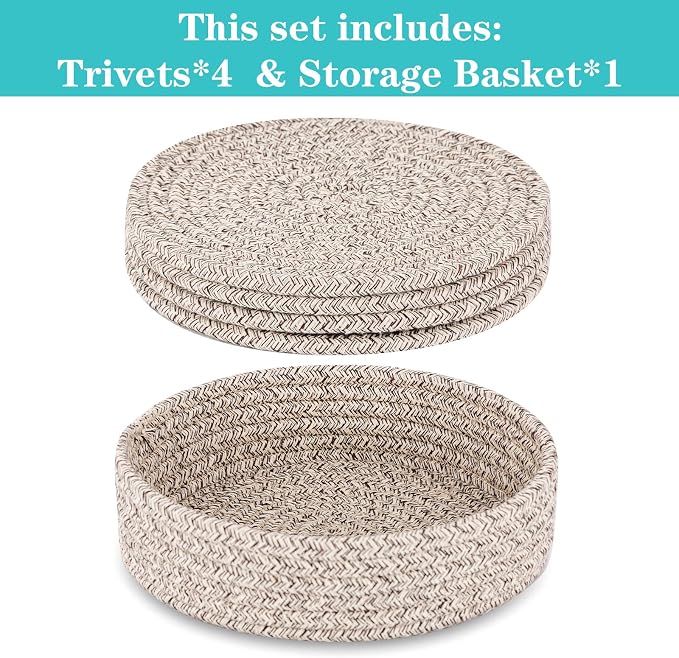 Trivets for Hot Dishes, Pots and Pans, Hot Pads with Storage Basket, Pot Holders for Kitchen, Heat Resistant Mat Protect Counter Home Essentials, Farmhouse Decor (Brown 4 PCS)