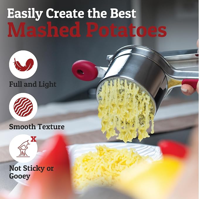 PriorityChef Large 15oz Potato Ricer With 3 Discs, Heavy Duty Stainless Steel Potato Ricer for Mashed Potatoes, Potato Masher, Press and Ricer Kitchen Tool, Red