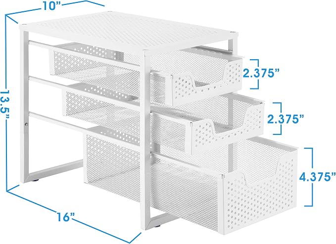 Simple Trending Under Sink Organizer 3-Tier with Sliding Storage Drawer | Multi-Purpose Desktop Organizer, Metal Cabinet Organizer for Kitchen Bathroom Office, Stackbale, Space Saving, White