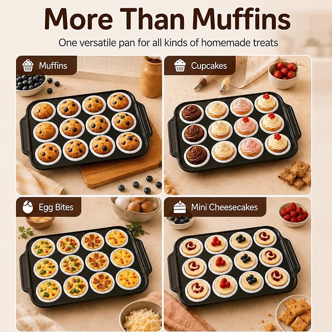 2 Pack Silicone Muffin Pans for Baking, 12-Cup Muffin Tin with Metal Frame | 2 Pack value, 12-Cup muffin pans, Reinforced metal frame, Easy release cups, Nonstick silicone, Oven & dishwasher safe