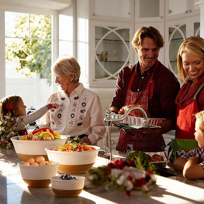 HASENSE Ceramic Serving Bowls Set of 4, 2.1/1.5/1.0/0.5 Qt White & Terracotta Stoneware Mixing Bowls, Farmhouse Bowls for Cooking, Prepping, Salad & Soup, Dishwasher & Microwave Safe, Serving Dishes