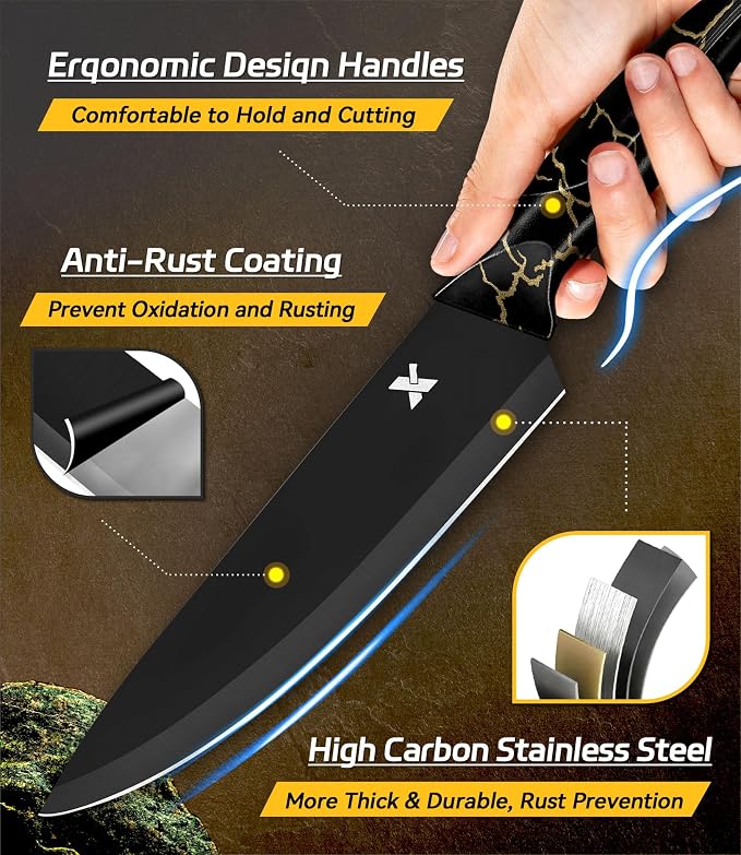 Knife Set, 8 Pieces Kitchen Knife Block Sets, High Carbon German Stainless Steel, Dishwasher Safe Cutlery with Sharpener, Black