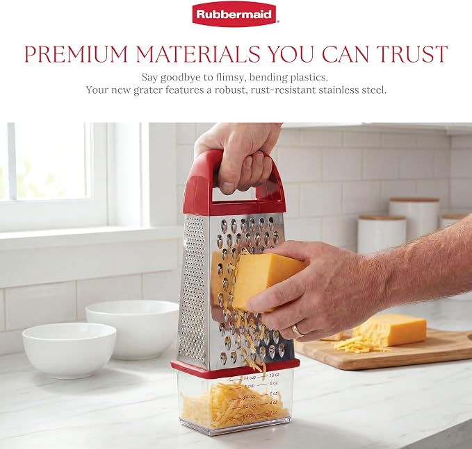 Rubbermaid EZ Grip Box Grater, Stainless Steel Cheese Grater & Container - BPA Free Multi-Surface Cheese Shredder & Food Grater for all Vegetables | Graters for Kitchen -Non-Slip Base, Dishwasher Safe