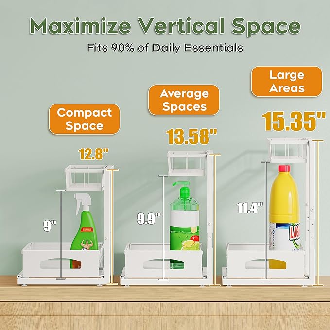 Under Sink Organizer, 1-Pack L-Shaped Metal Pull-Out Drawers for Kitchen | Cabinet Organizer Height Adjustable Heavy Duty Metal 2-Tier Storage Fits Beside Common Pipes for Bathroom Pantry