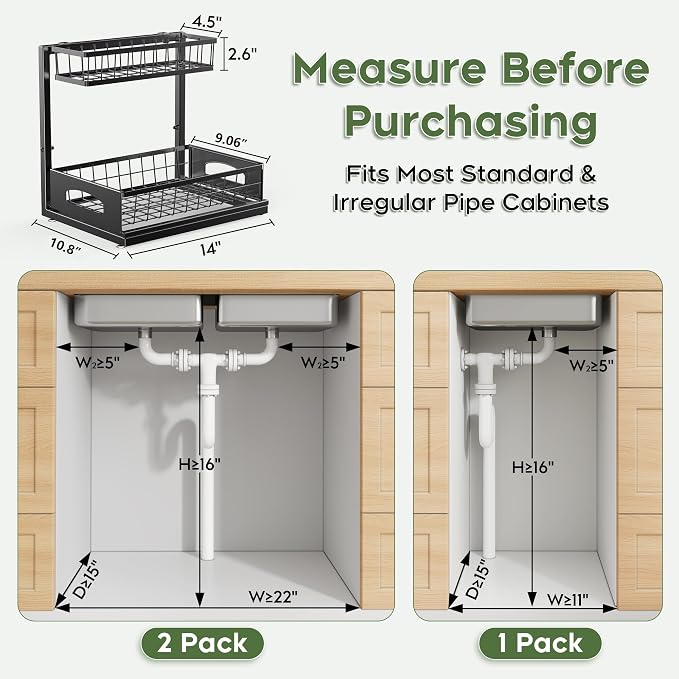 Under Sink Organizer, 2-Pack L-Shaped Metal Pull-Out Drawers for Kitchen | Cabinet Organizer Height Adjustable Heavy Duty Metal 2-Tier Storage Fits Beside Common Pipes for Bathroom Pantry