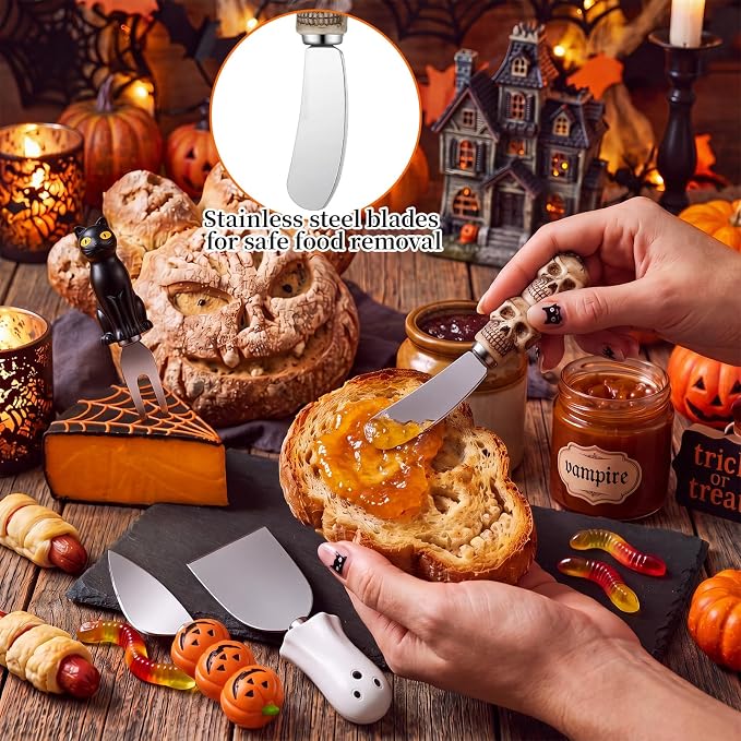 Jingmore 4 Pcs Halloween Cheese and Butter Spreader Knives Decor Pumpkin, Black Cat, Ghost, Skull Hand Painted Resin Handle with Stainless Steel Blade Multipurpose (Cheese Knives Set)