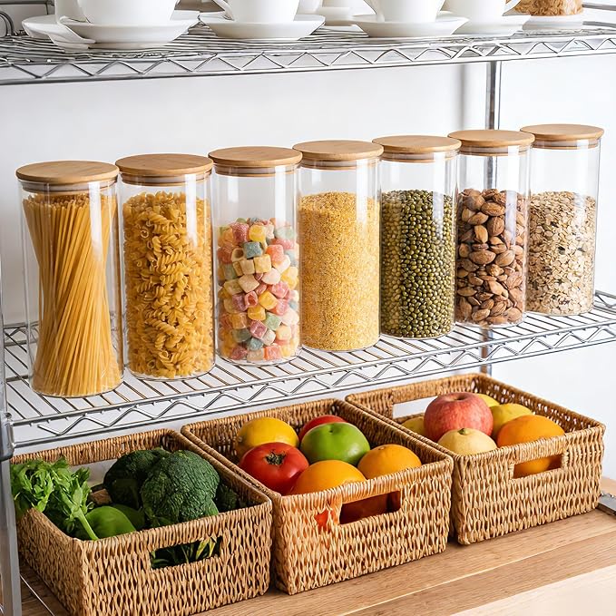 3pcs Glass Food Storage Containers with Bamboo Lids, 2qt Glass Jars | Large Airtight Food Storage Jars for Pantry, Flour, Sugar, Dry Goods