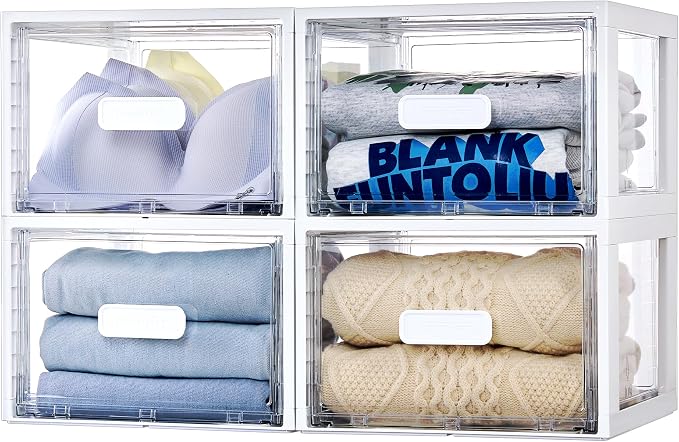 Vtopmart 4 Pack White Stackable Storage Drawers 15QT | Easily Assemble Closet Organizers,Plastic Storage Bins for Bathroom,Cabinet,Kitchen Pantry,Under Sink Organization(Medium)