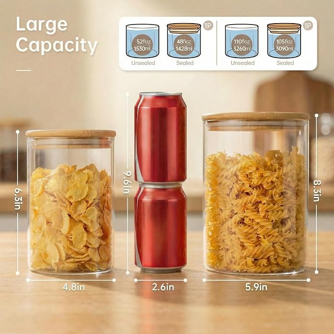 Large Glass Storage Containers with Bamboo Lids for Flour & Sugar, 2 Pack | Airtight Pantry Jar for Flour, Sugar & Rice, Durable Borosilicate Glass Canisters Keep Food Dry & Fresh, Easy to Fill & Clean