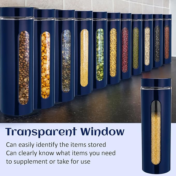6 Pack Kitchen Canisters Set Airtight Coffee Sugar Tea Storage Jars with Window Glass Stainless Steel Containers with Lids for Flour Cookies Spices Grains Kitchen Decorations(Navy Blue,60 oz)