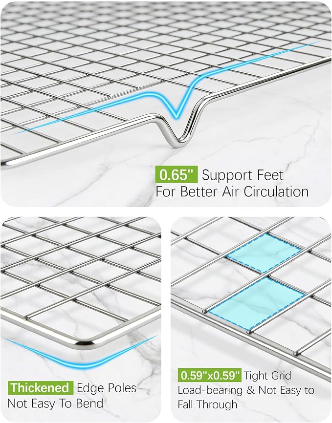 HULISEN 304 Stainless Steel Cooling Rack with Handles, 4-Pack, 16 x 10 Inch | Baking Rack for Half Sheet Pan, Dishwasher Safe, Oven Safe 500°F, Easy Transfer Design, For Baking, Roasting, Cooling Food