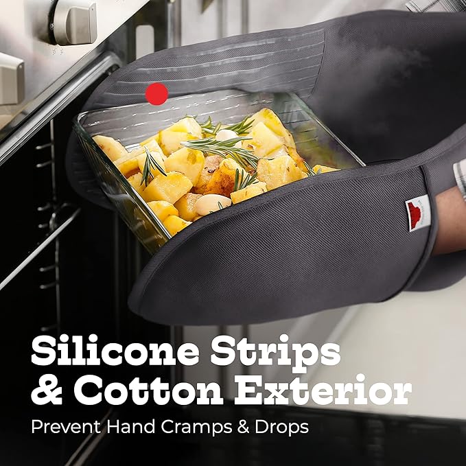 Grey Double Oven Mitt Kitchen Protection - Pack of 1-32" Long - Heat Resistant Cotton Professional Grade with Terrycloth Lining