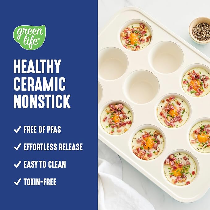 GreenLife 12 Cup Ceramic Nonstick Muffin Pan, Navy | 11.4" x 1.9" x 15.9", PFAS-Free Nonstick, Cupcake Tin, Easy Release, Even Heating, Wipe Clean, Heavy Duty, Warp Resistant