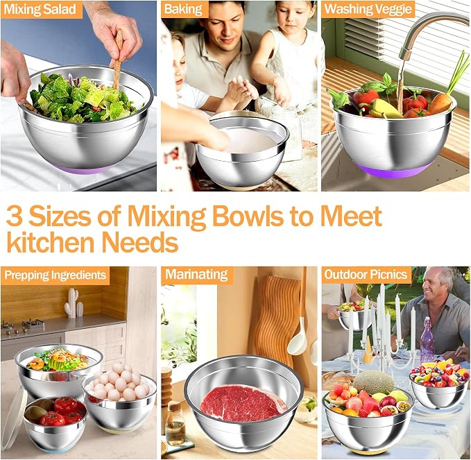 Nicdiet Mixing Bowls with Airtight Lids, Stainless Steel Mixing Bowl Set with 3 Metal Nesting Bowls, Colander & Grater, Non-Slip Bottoms, Size 1.5, 2.5, 5 QT, Great for Mixing & Serving, Mutilcolor