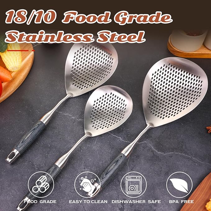 Skimmer Slotted Spoon Set of 3 - Stainless Steel Pasta Tools Spider Strainer Ladle Spoon with Wooden Handle for Cooking and Frying - Kitchen Utensils Spaghetti Strainer Colander - 14.8In,16.5In,17In
