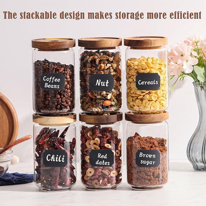 Anwoi 6-Pack Glass Pantry Storage Jars with Airtight Acacia Wood Lids – 23 oz Lead-Free Thick Glass Canisters with Silicone Seal, Labels & Marker Included