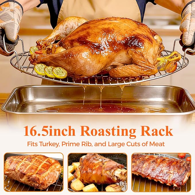 DePango 16.5inch Oval Roasting Rack for Oven, Thanksgiving Christmas Gifts for Mom Men Wife Cooking Home Chefs, Stainless Steel Cooling Rack with Handle, Wire Rack for Cooking, Grilling, Drying