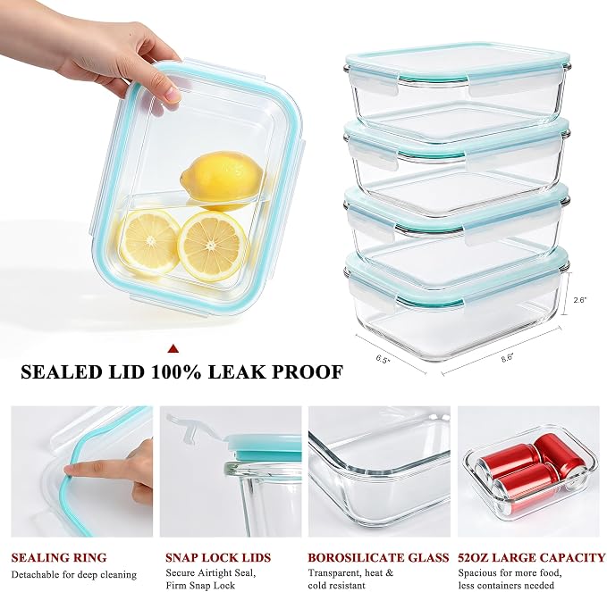 GEHE 4 Pack 52oz Glass Food Storage Containers with Lids, Large Glass Storage Containers with Airtight Lids, Meal Prep Container for Storing & Serving, Leak Proof, BPA Free, Microwave/Oven Safe